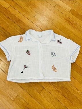 White Embroidered Fruit Cropped Shirt Top